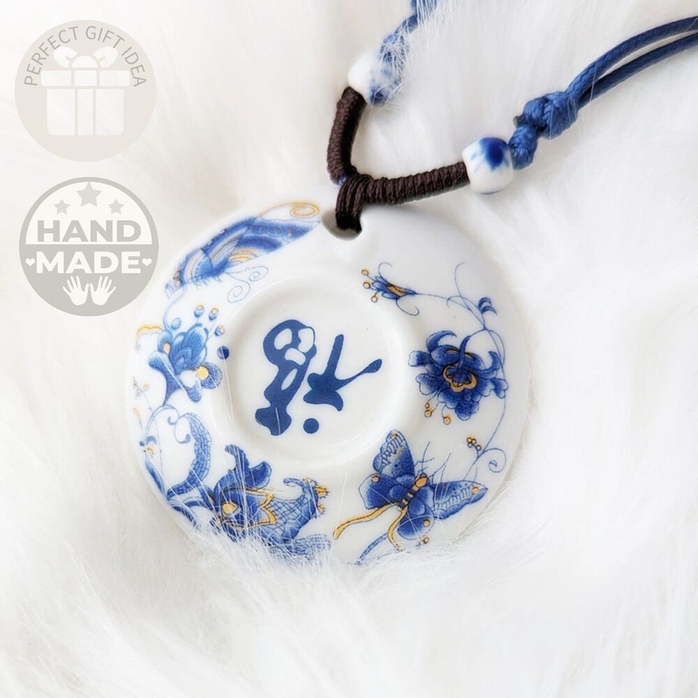 Handmade Ceramic Floral Painting Crackled Pendant Necklace -  Round Blissful